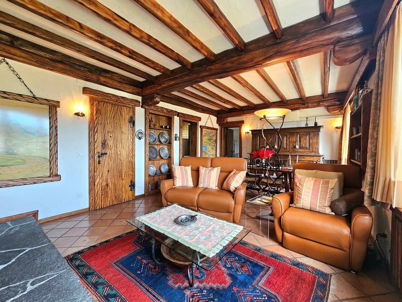 rustic style, wooden beams, leather couches, dining table, flower vase