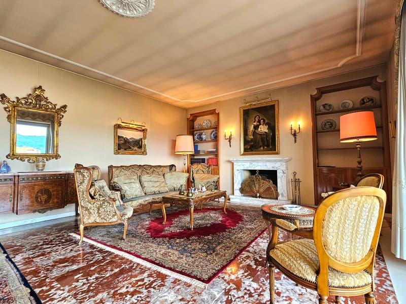 large fireplace, elegant furniture, marble floor, oriental rug, paintings, shelves, lamps