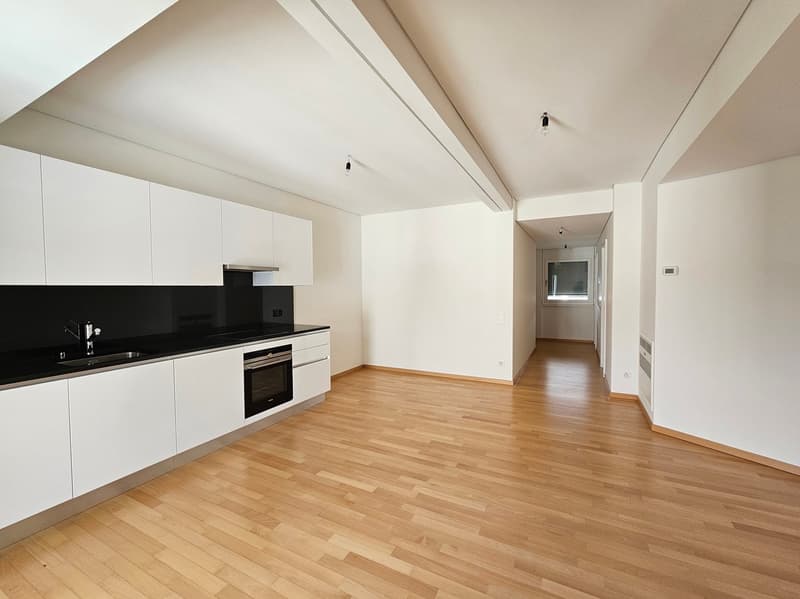 modern kitchen with white cabinets, black countertops, stainless steel appliances, wooden floors, ceiling lights