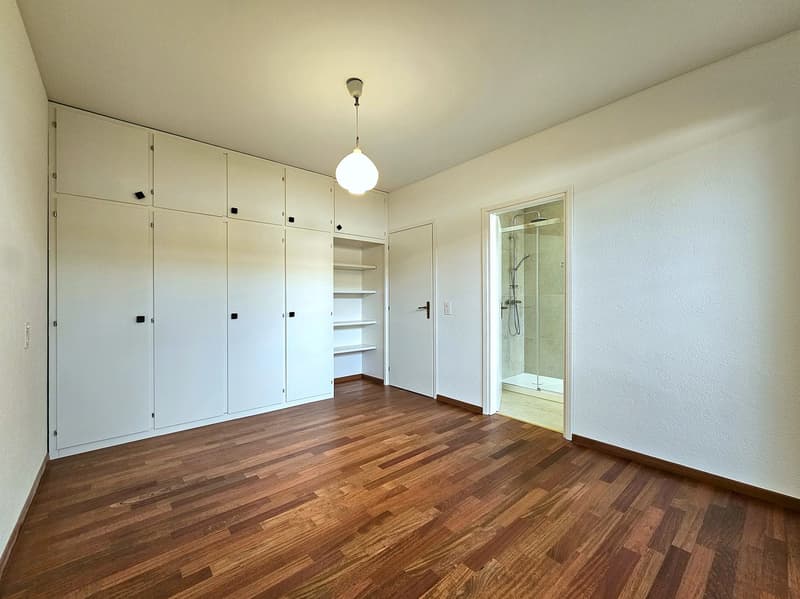 room with wooden floor, white cabinets, white walls, glass door, and a shower