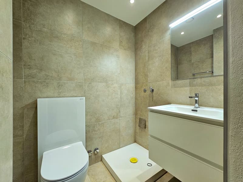 modern white bathroom with a toilet, bidet, sink, and walk-in shower