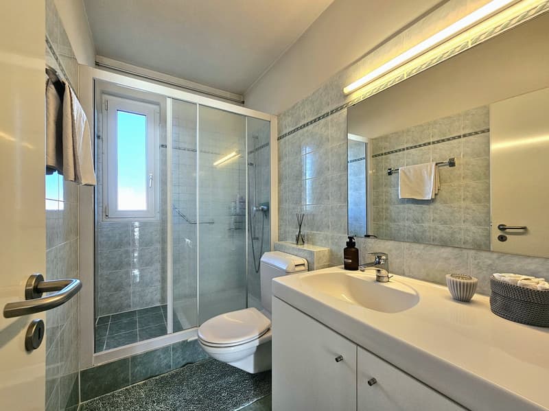 White ceramic tiles, glass walk-in shower, toilet, sink, large mirror, towel rack, overhead lighting.