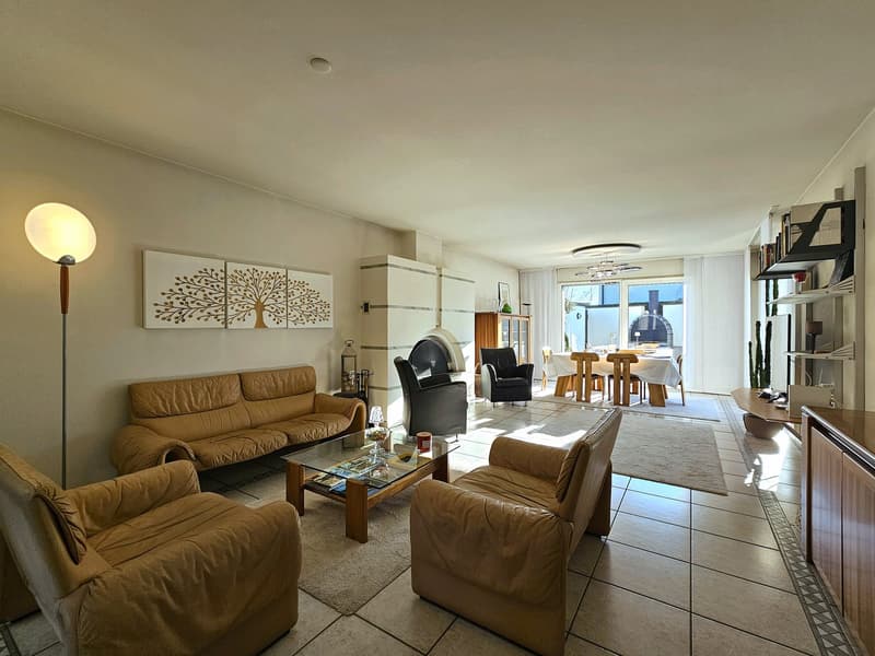 leather sofa, armchairs, coffee table, fireplace, floor lamp, dining area, carpet, table and chairs