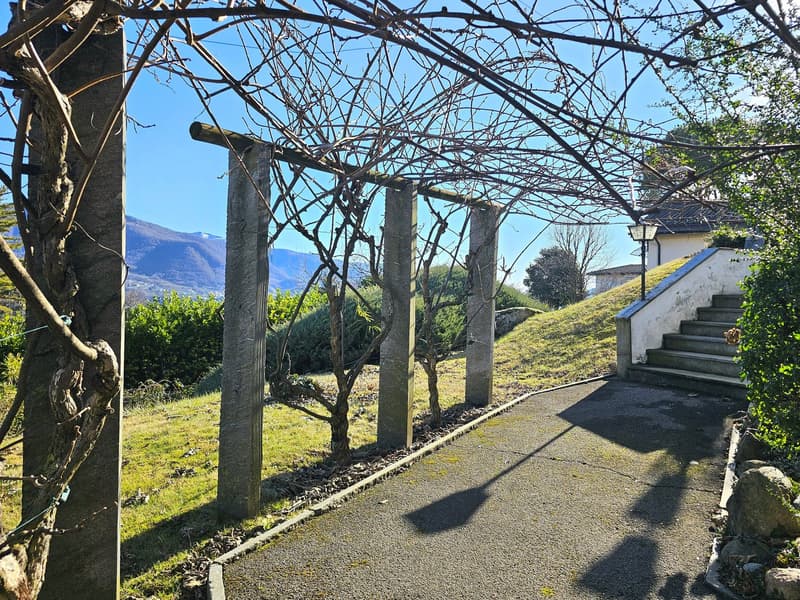 Outdoor walkway, trellis, stairs, grass, mountain view
