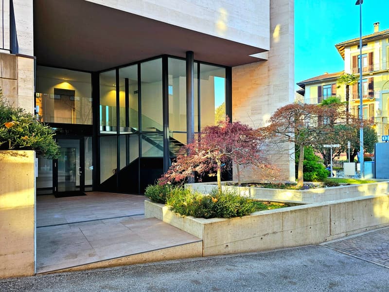 Modern building with glass walls, concrete walls, entrance with glass doors, plants, trees, and a staircase