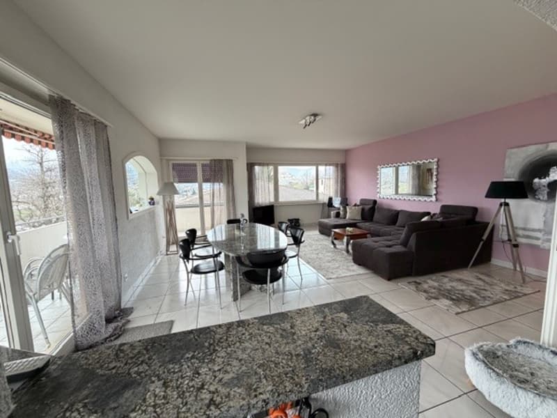 Spacious living room with a dining table, chairs, a couch, and a rug. There is a lamp, a mirror, and a plant in the room.