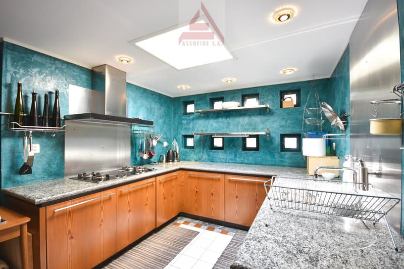 Spacious kitchen with teal-colored walls, wooden cabinets, granite countertops, stainless steel appliances including a dishwasher, and open shelving for storage and display.