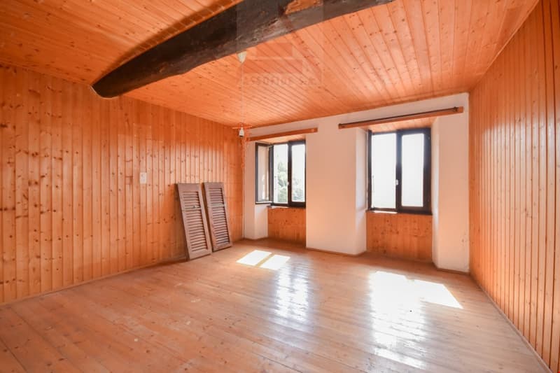 Spacious room with wooden walls and ceiling, hardwood floor, large windows, and a fireplace