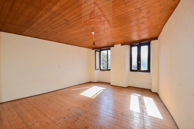 This image shows a spacious room with a wooden ceiling and hardwood floors. The room has large windows that provide natural light and a view of the outdoors. The walls are painted a neutral color, creating a clean and minimalist look. The room appears to