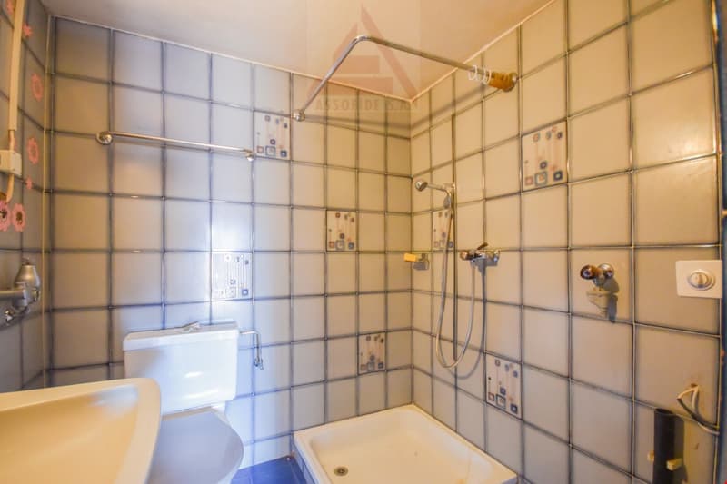 Tiled bathroom with a shower, toilet, and washing machine