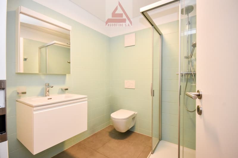 Bathroom with shower, toilet, sink, mirror, light fixtures