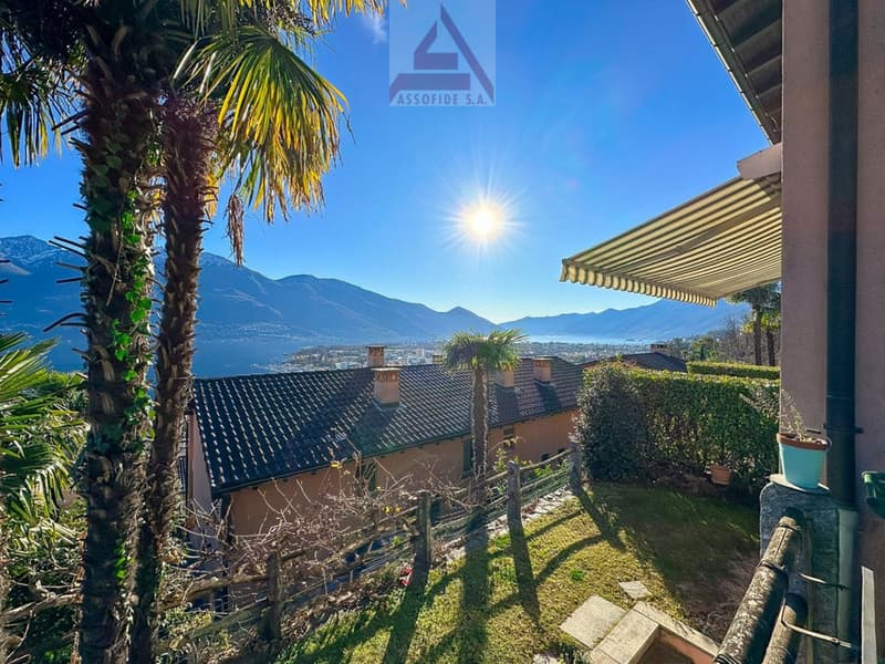 Aerial view of a terraced house with green roof, outdoor patio, plants, distant mountains and a lake