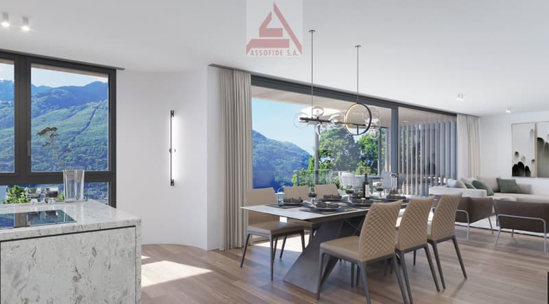 Dining room with large windows overlooking a mountain range, table with chairs, sofa, chandeliers, kitchen counter with glasses and plants