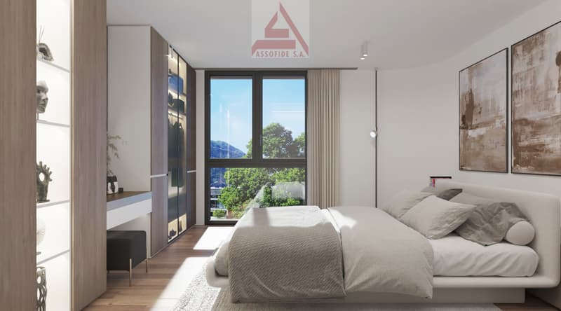 bedroom with double bed, wooden floor, large window with city view, hanging lamps, built-in wardrobe, decorative objects
