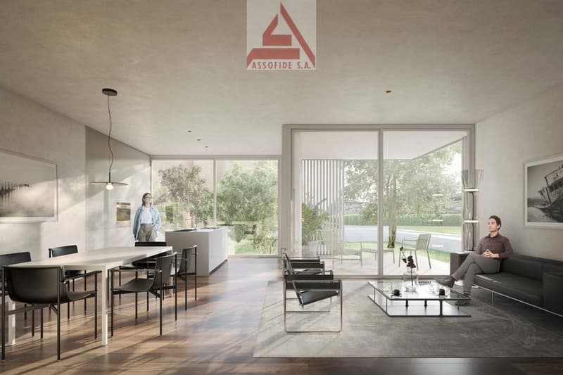 modern interior, dining table with chairs, sofa, coffee table, sliding glass door, wooden floor, kitchen with island, ceiling light