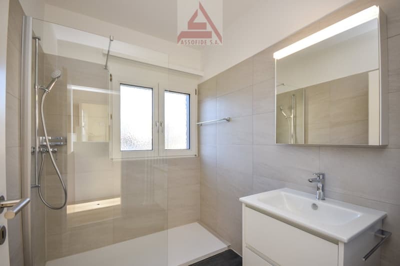 Modern bathroom, shower enclosure, vanity with sink, large mirror, tiled walls and floor