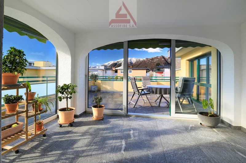 Terrace with large windows, patio table and chairs, multiple potted plants, garden views, mountains in the distance