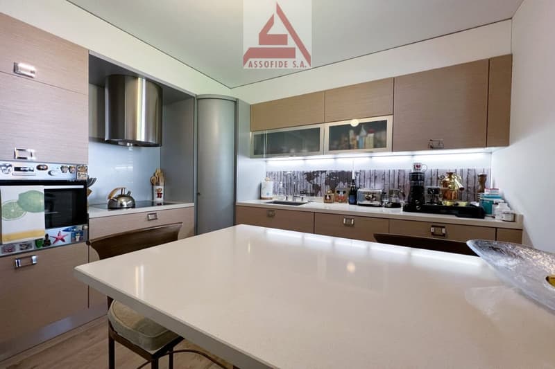 modern kitchen, wooden cabinets, white countertops, stainless steel appliances, dishwasher, washing machine