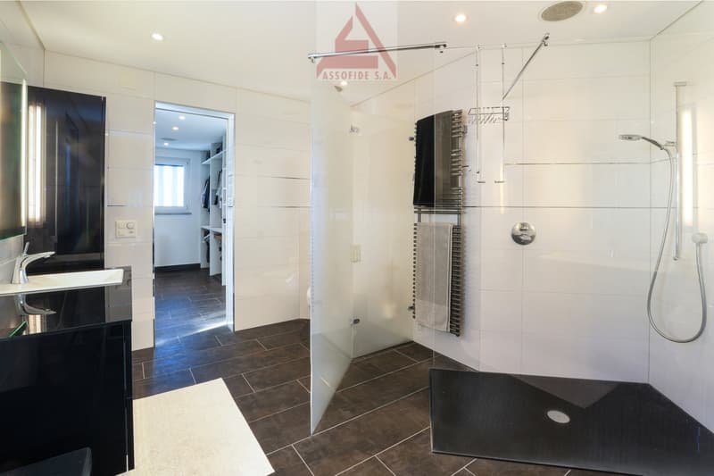 modern bathroom, glass shower, white tiles, black floor, sink, towel rack