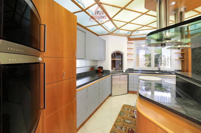 modern kitchen, wooden cabinets, granite countertops, stainless steel appliances, dishwasher, washing machine, island with bar stools, ceiling design, natural light