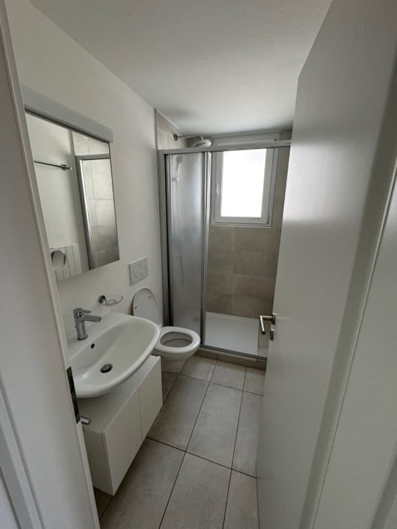 Modern white bathroom with tile flooring, shower, toilet, and sink with mirror