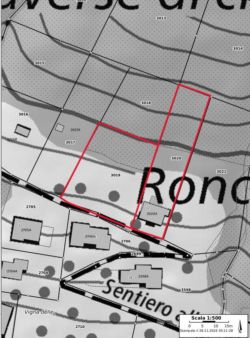 The image shows a detailed map or floor plan of a residential area. It includes several parcels of land, roads, and buildings. The main features visible are the parcels labeled 3020, 3021, and 3018.