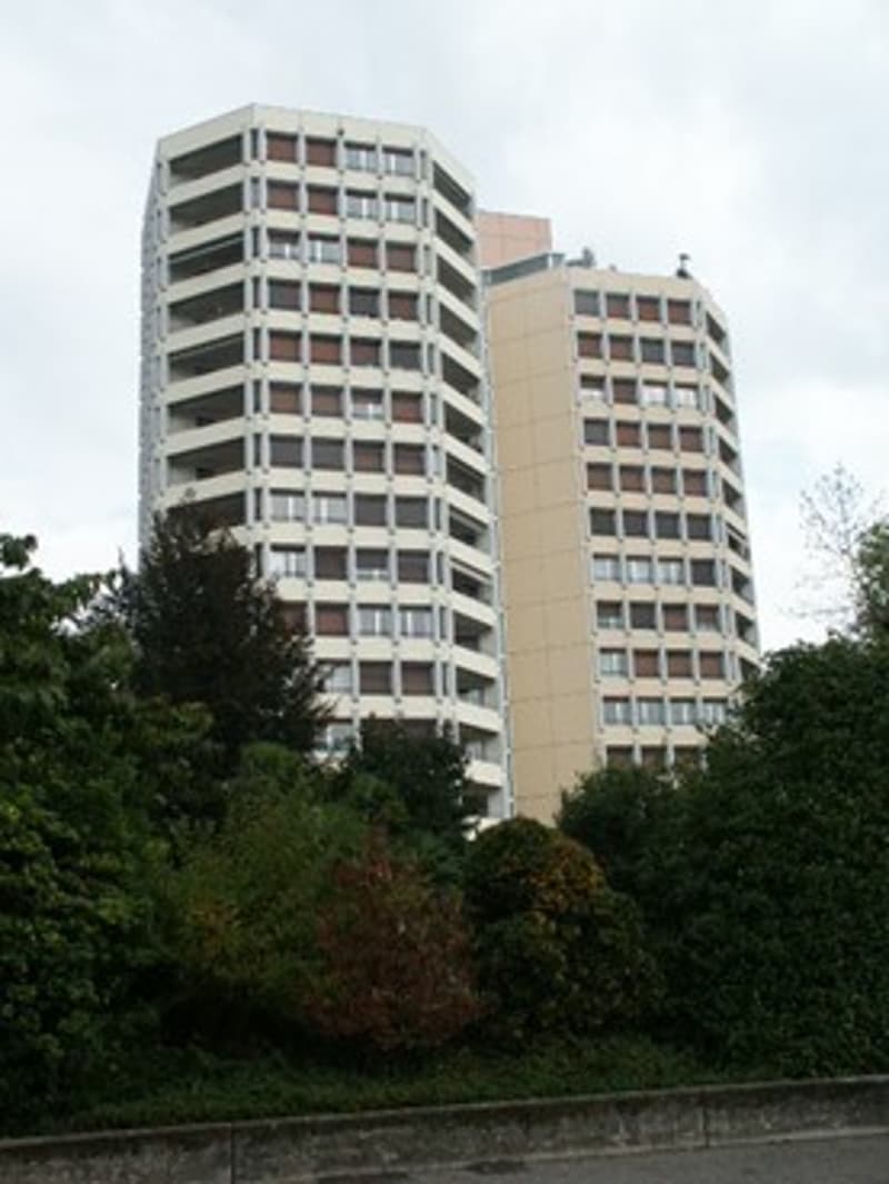Two high-rise apartment buildings with multiple windows, trees and shrubs in front