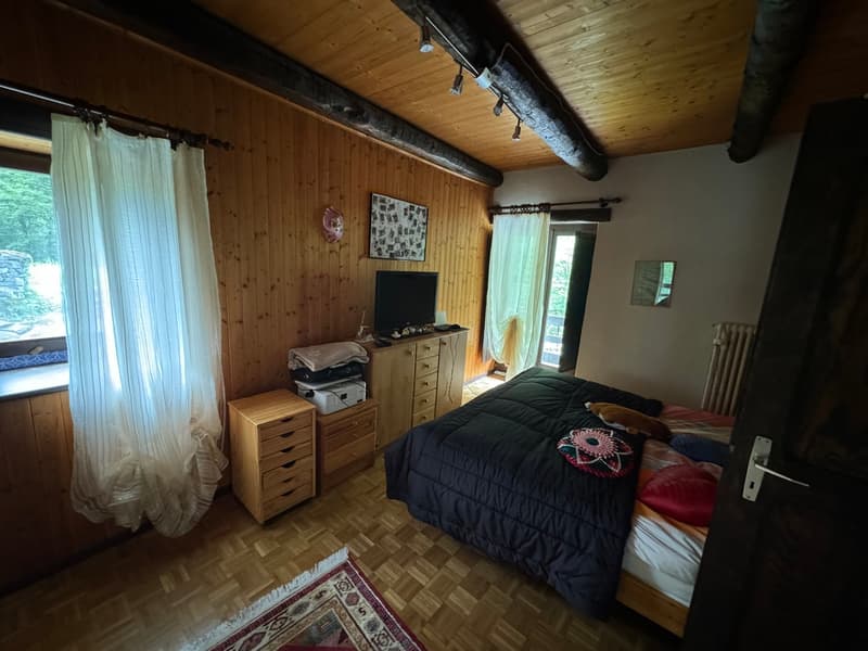 Bedroom with wooden walls, wooden floor, bed, TV, wooden dresser, rug, window with curtains