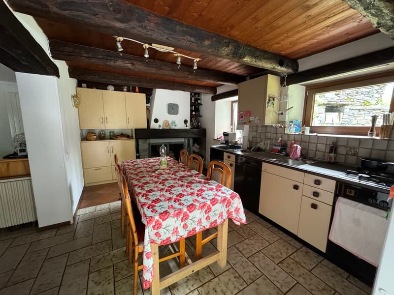 Dining room with wooden table and chairs, kitchen with fireplace, cabinets, and sink