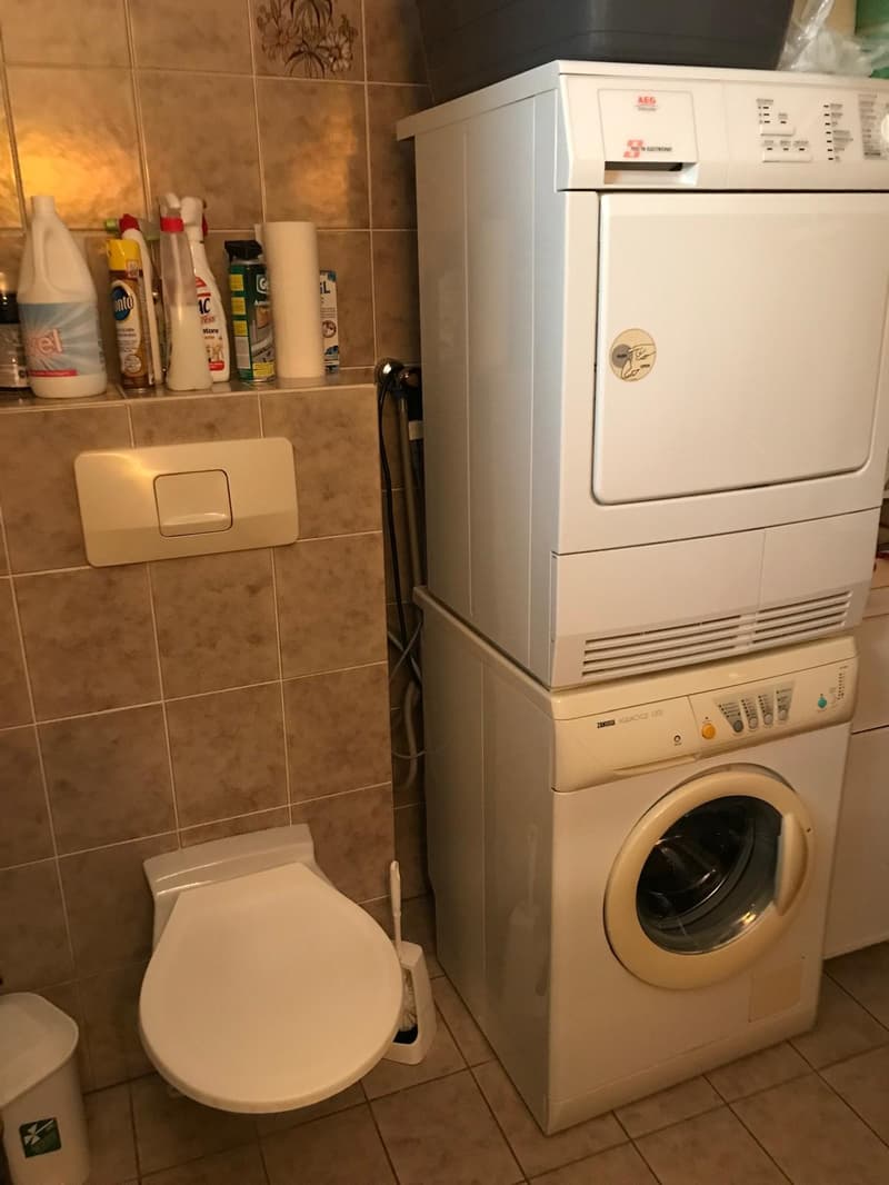 A bathroom with a toilet, washing machine, and dryer stacked on top of each other, and cleaning products on the shelf.