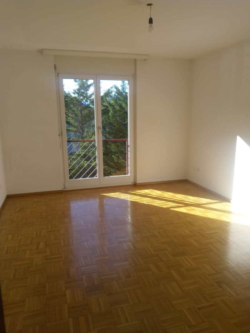 large room, wooden floor, double doors leading to balcony, white walls, glass windows, sunny