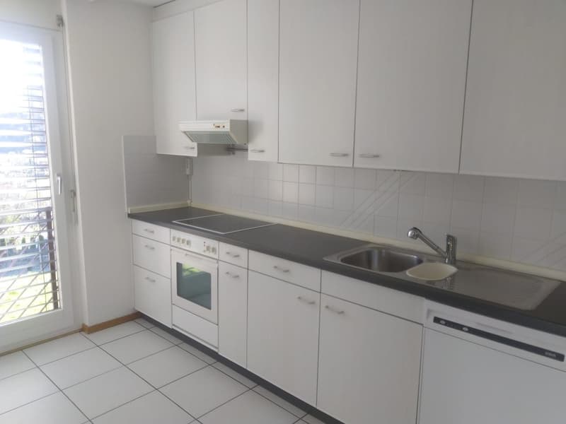 white cabinets, black countertops, integrated oven, sink, dishwasher, glass door
