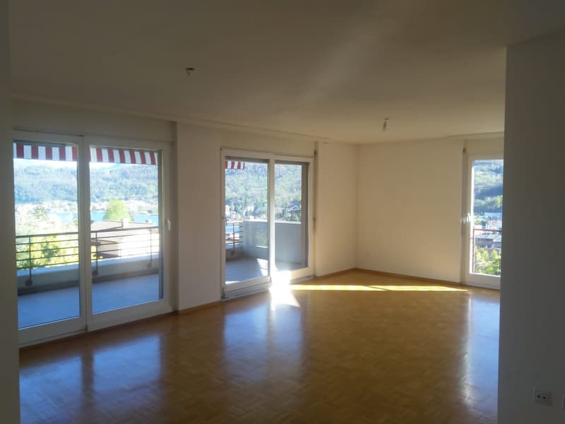 Spacious room with large sliding glass doors leading to balcony with railings, wooden flooring, large windows with curtains, empty white walls
