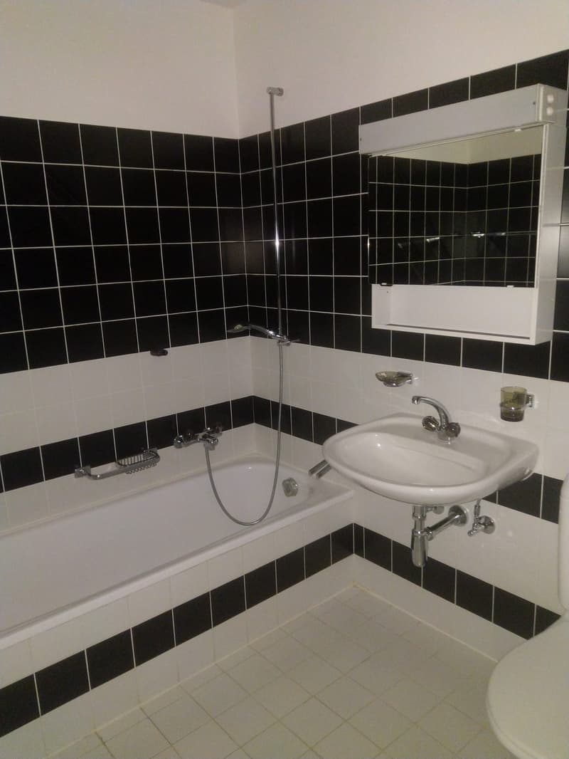 Bathroom with a bathtub, sink, mirror, glass, and toilet