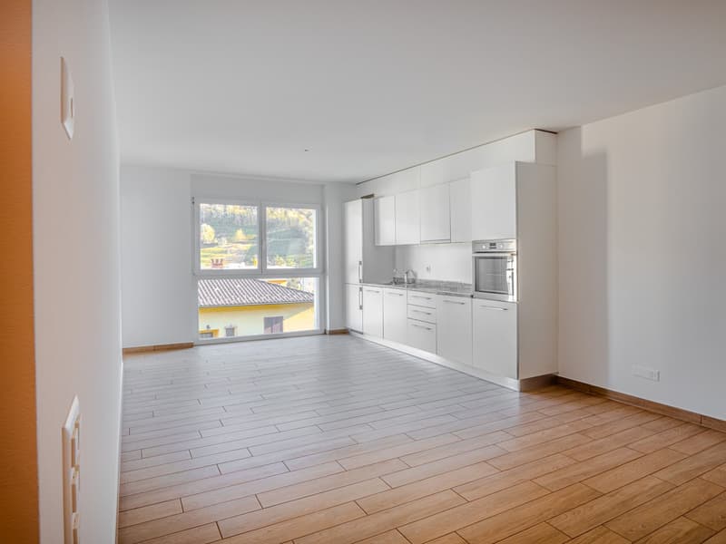 Spacious open-plan living area with large windows offering a scenic view, modern white kitchen with built-in appliances, hardwood flooring throughout the room