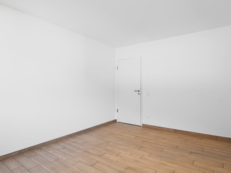 Empty room with white walls and hardwood flooring. The room has a single white door.