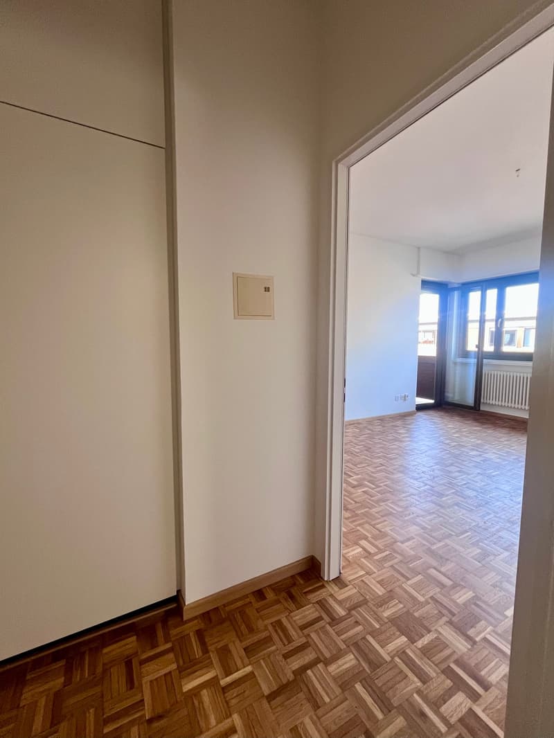 empty room, wooden parquet flooring, double doors, large windows, sliding glass doors