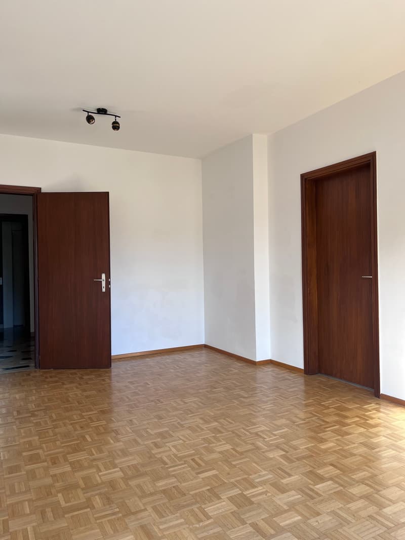 Empty room with wooden floors, white walls, two wooden doors, and ceiling lights