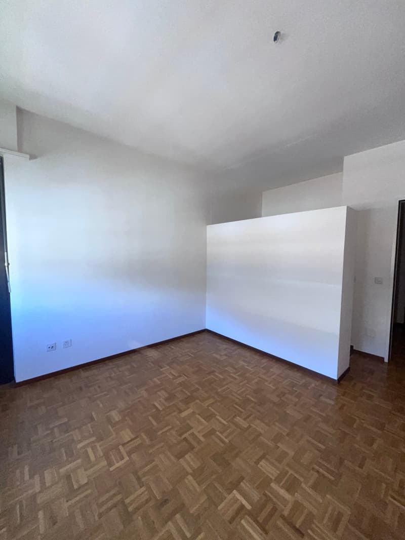empty room, wooden floor, white walls, power outlets, large white partition