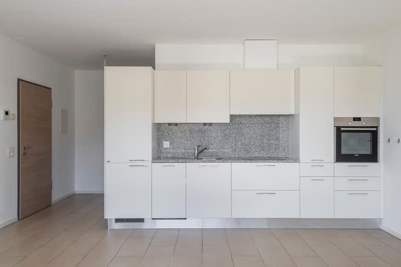 modern kitchen with white cabinetry, tiled countertops, modern oven and dishwasher, large sink with stainless steel faucet