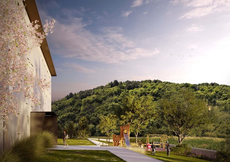 Modern white building, large windows, open garden, trees, children playing, play structures, view of mountains