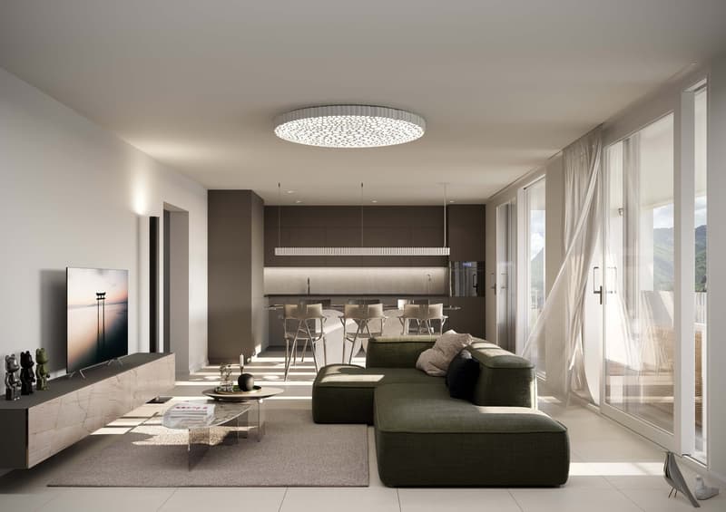 Open plan living room with L-shaped couch, coffee table, TV, open kitchen, large windows, glass door to balcony