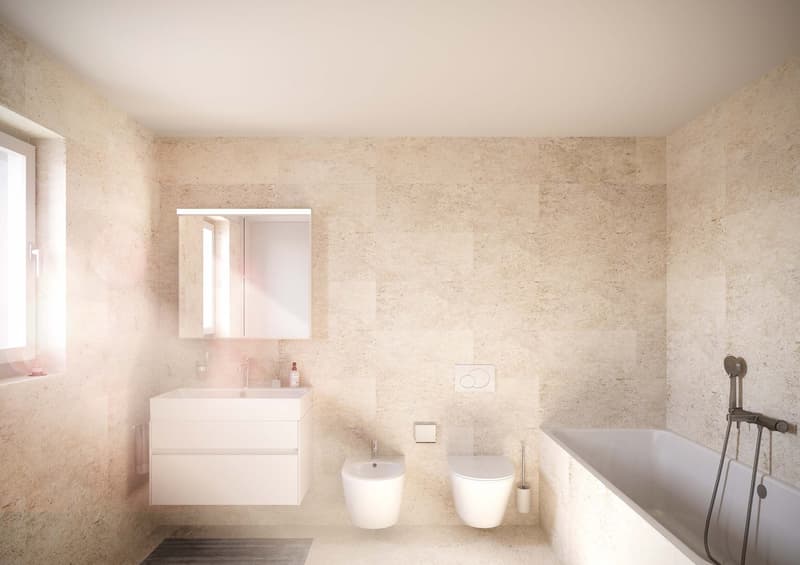 Modern minimalist bathroom with beige tiles, white vanity, bidet, toilet, bathtub, and shower area