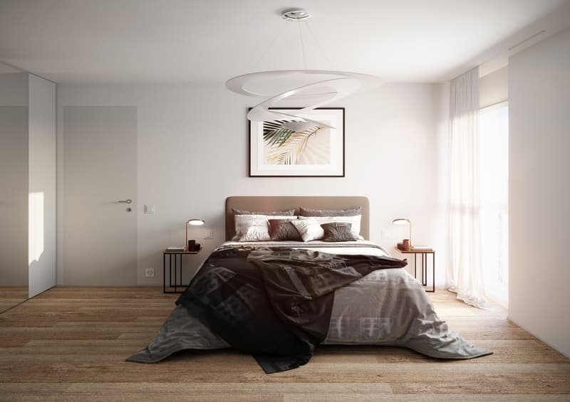A neatly organized bedroom with a king-sized bed, nightstands with lamps, a large window, and a chic pendant light