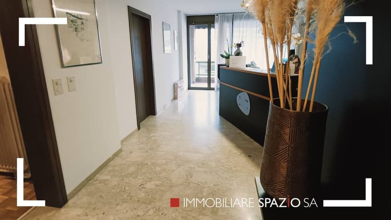 marble floor, reception desk, terrazzo floor, framed art on wall, balcony, windows with curtains, plant in a vase
