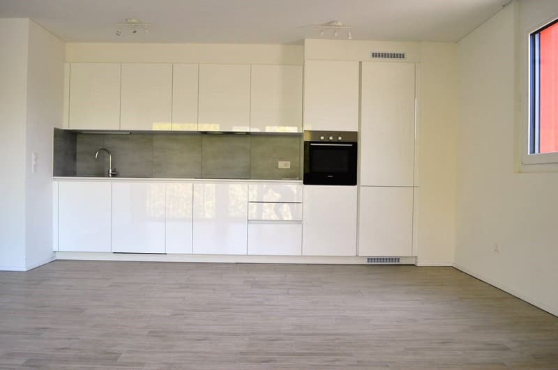 modern kitchen, white cabinets, stainless steel gas stove, electric oven, double sink, gray countertop, tiled flooring