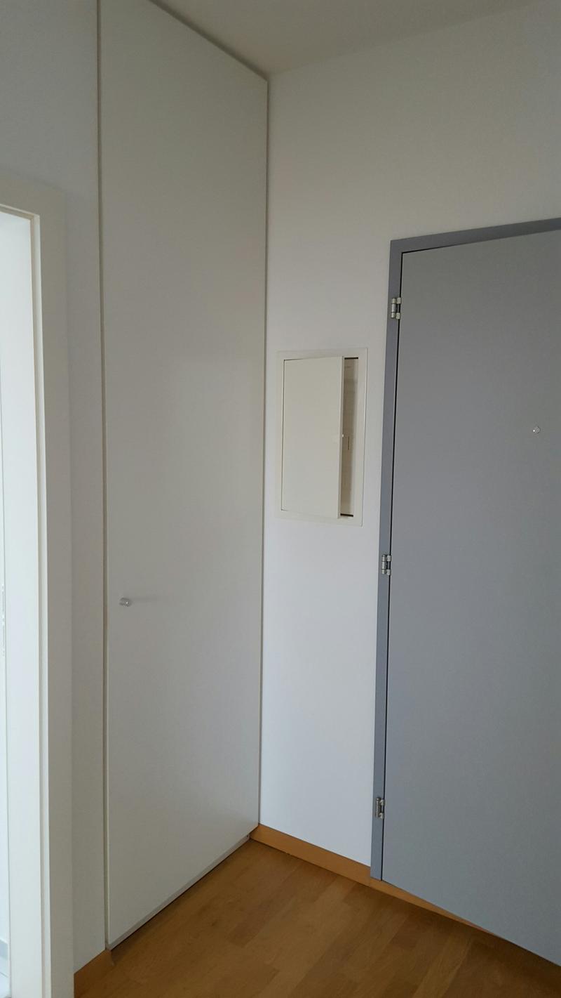 minimalist room with white walls, wooden floor, door, cabinet, and mirror