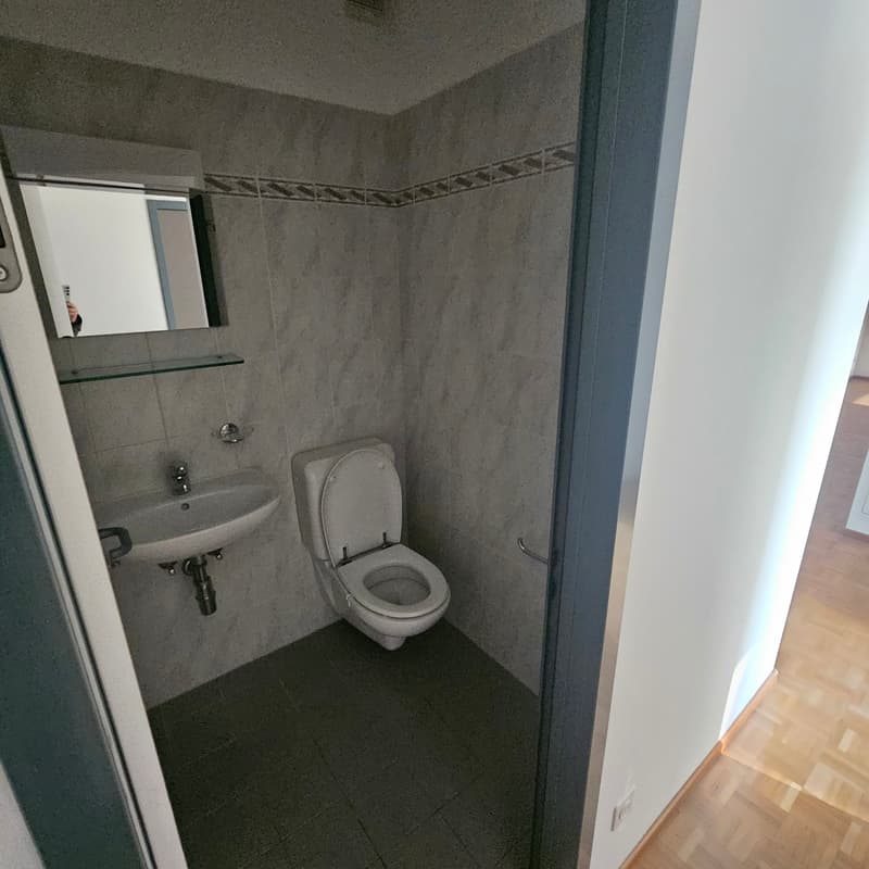 modern bathroom with toilet, sink, mirror, tiled flooring