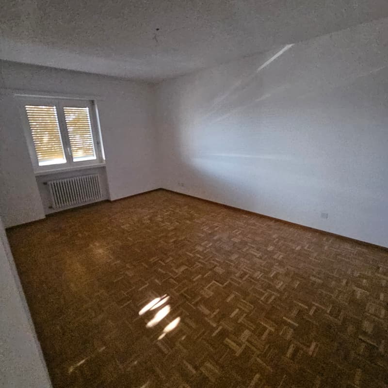 empty room with brown floor, white walls, window with shutters