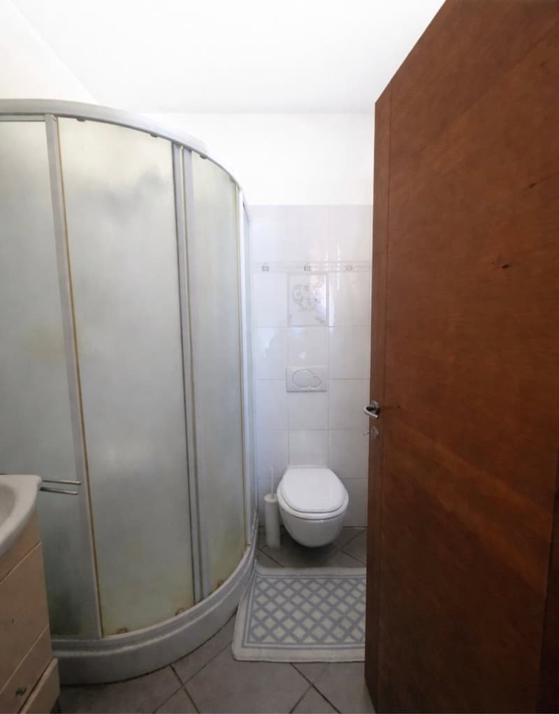 Bathroom with shower, toilet, and sink